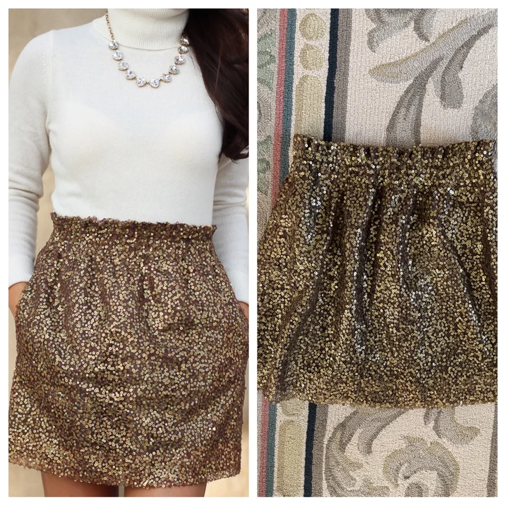 J.Crew all over sequined elastic waist holiday mini skirt in bronze and gold - Picture 1 of 5